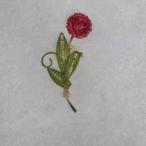 Red Rose and Green Floral Brooch
